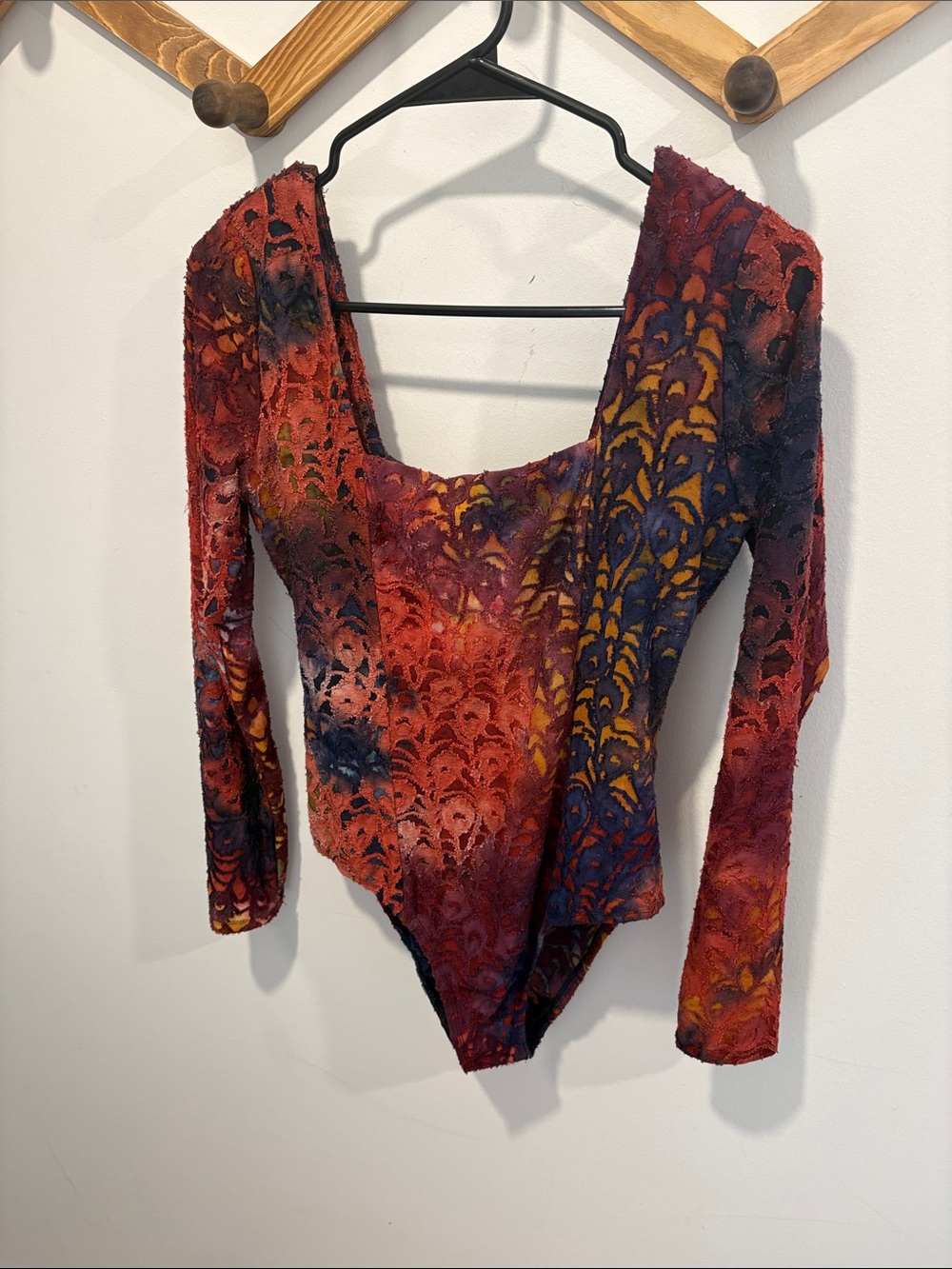 Desigual bodysuit features a striking multicolored lace overlay -square neckline